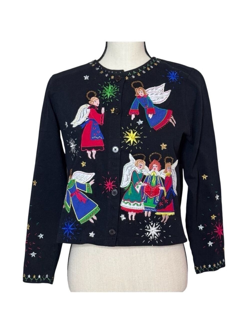 Vintage Michael Simon Sweater Christmas Angel Novelty Whimsy Cardigan size PS